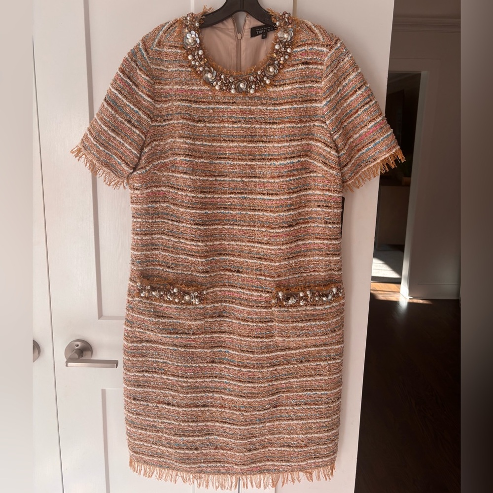 Rickie Freeman Teri Jon Multicolor Striped Mini Dress with Jewel Neckline